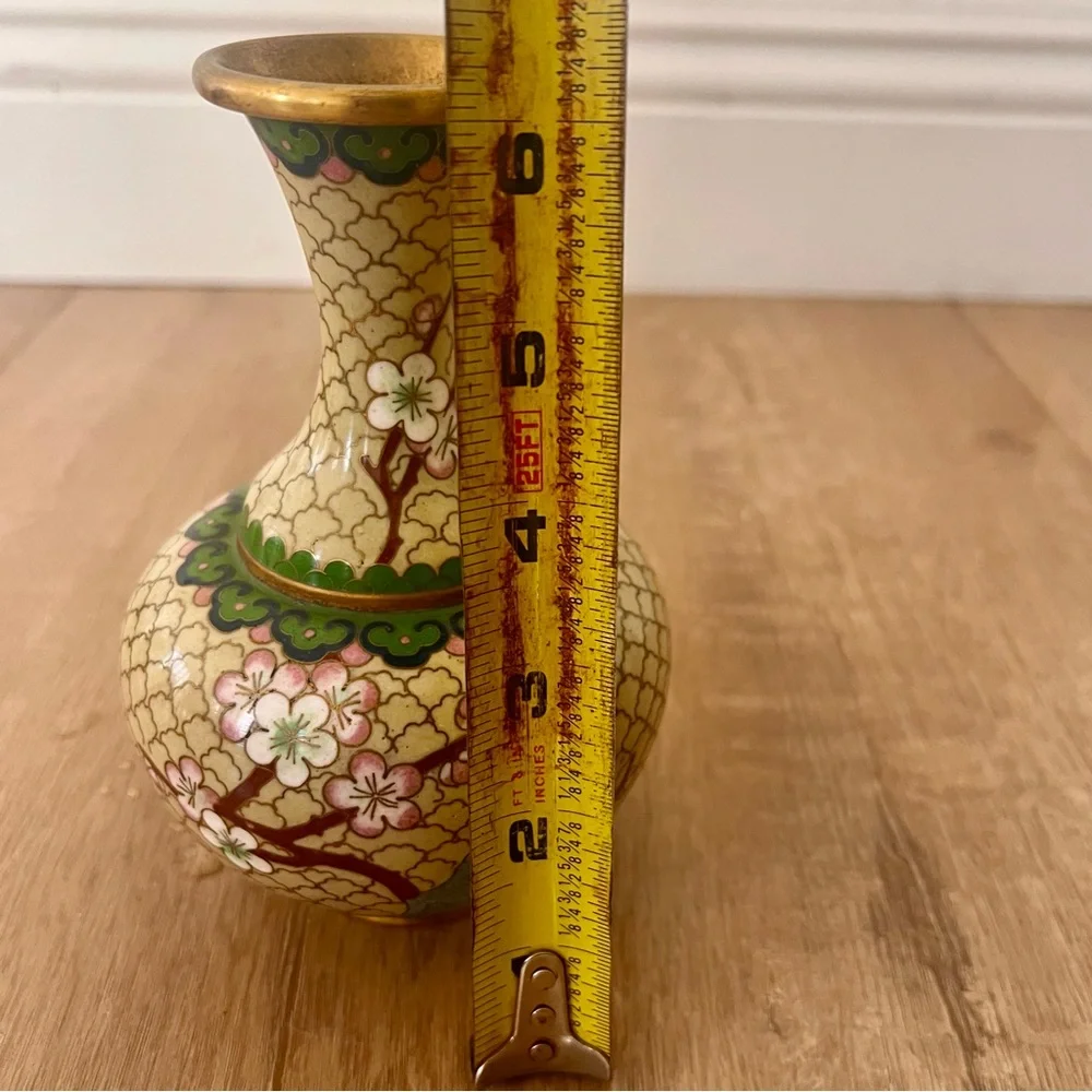 Antique 19th C. Chinese Cloisonne Vase Pink Cherry Blossoms & Bird DOUBLE BOTTOM